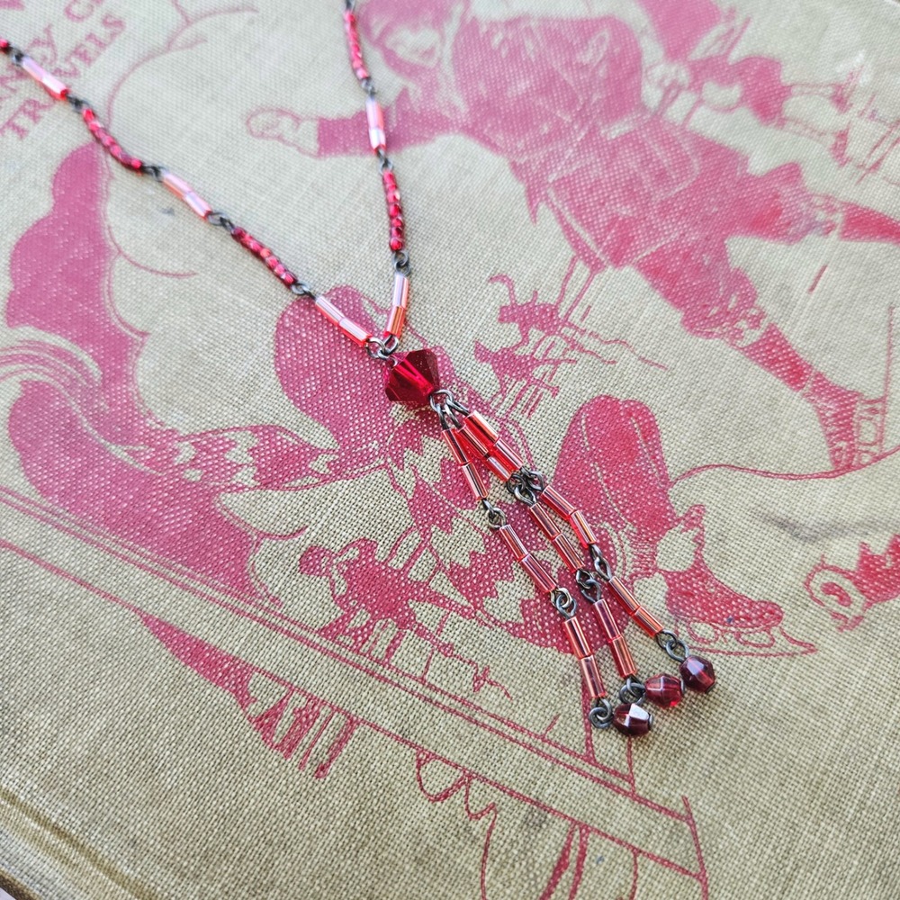 Baroni Red Glass Beaded Tassel Necklace Burnished Silver Tone Y-Necklace